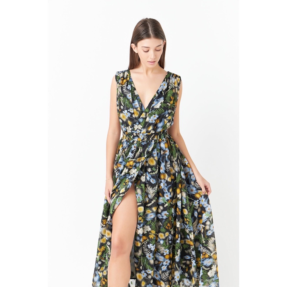 Endless Rose Low Neck Floral Maxi Dress Black Blue Yellow Metallic‎ Fil Coupe M